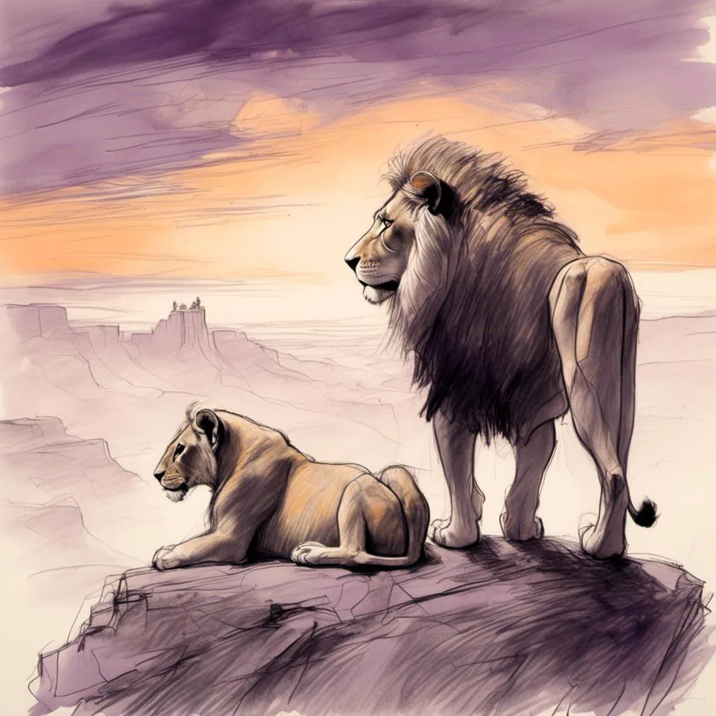 Prompt: <mymodel>(pencil-sketch), a lion and his cub, intently gazing over a vast, rolling landscape from a dramatic high cliff, intricate details in fur texture, gentle expressions of wonder and affection, soft shadows accentuating their forms, vast sky painted with serene hues of orange and purple at sunset, evoking tranquility and connection, (highly detailed) ambiance of awe and majesty.