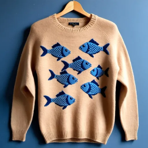 Prompt: Un pull en laine beige avec des poissons bleus, realiste