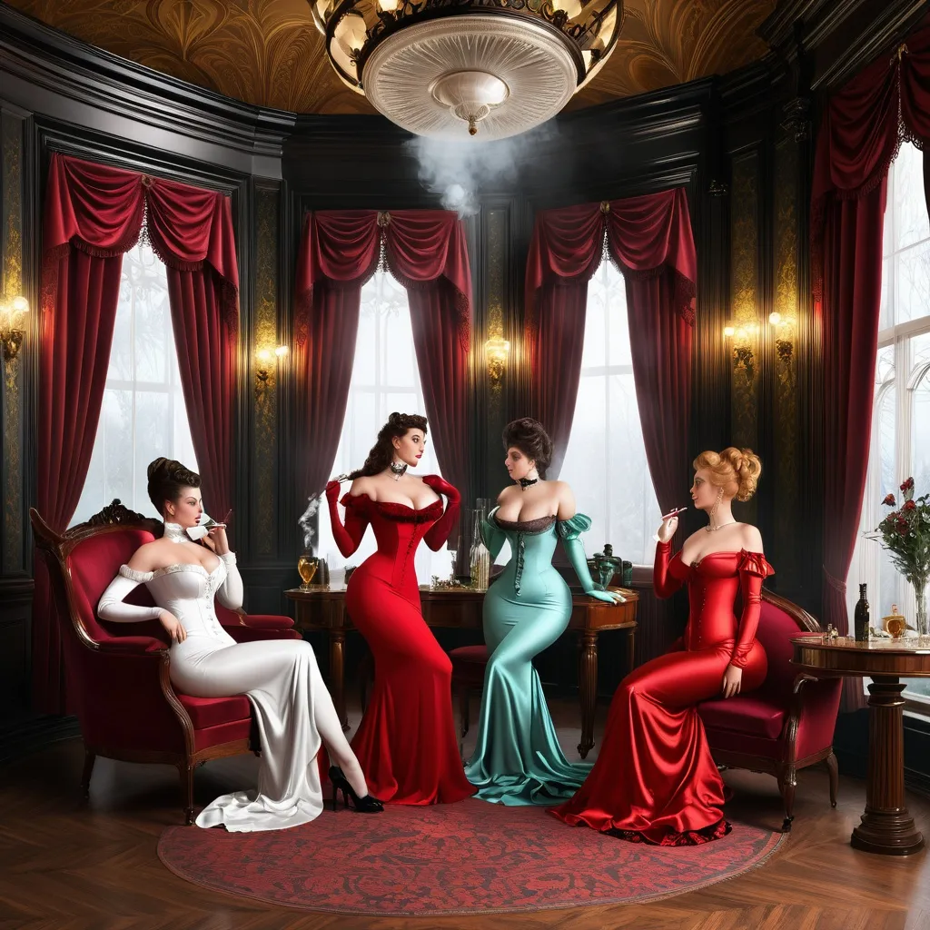 Prompt: Victorian mansion smoking room with multiple slutty women