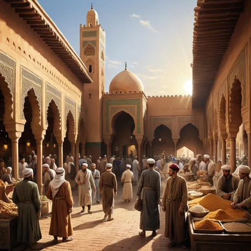 Prompt: ( captivating depiction of Morocco during the Idrisid dynasty), bustling marketplace scene, diverse crowd wearing historical attire, the king prominently featured, intricate architecture in background, warm golden sunlight casting soft shadows, rich color tones capturing the essence of the period, lively atmosphere filled with vibrancy and cultural richness, ultra-detailed rendering, high-definition quality, historically accurate surroundings.