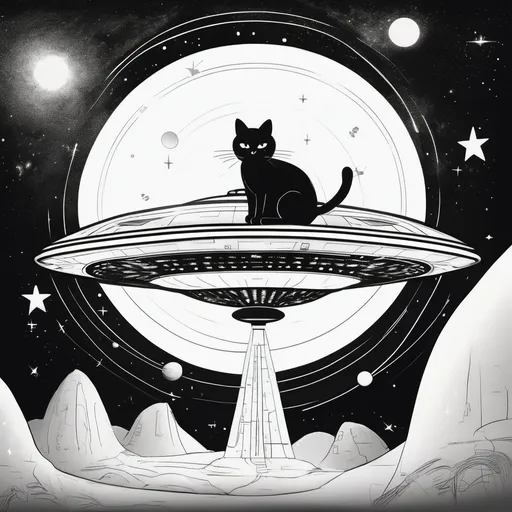 Prompt: black and white, (cat) sitting on a (futuristic UFO), whimsical scene, (quirky and playful), minimalist design, soft shadows, high contrast, detailed textures, surreal background, (galaxy) and stars illuminated with ethereal light, serene ambiance, smooth contours, dreams and curiosity embodied, (ultra-detailed) illustration.