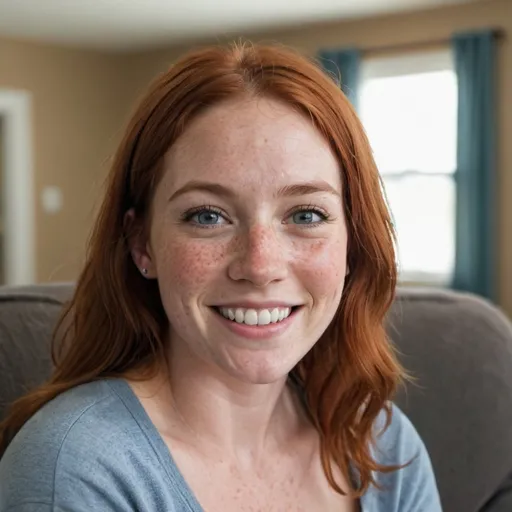 Prompt: A woman, born on 2/14/1989 is facing the camera and smiling. She has red hair that is lightly graying and many freckles on her face. She has a warm smile, and nice but not perfect teeth. Her eyes are an amazing blue. She is 5' 4" tall, 125lbs, and large breasted. She is sitting on a comfy chair in a nice living room. 