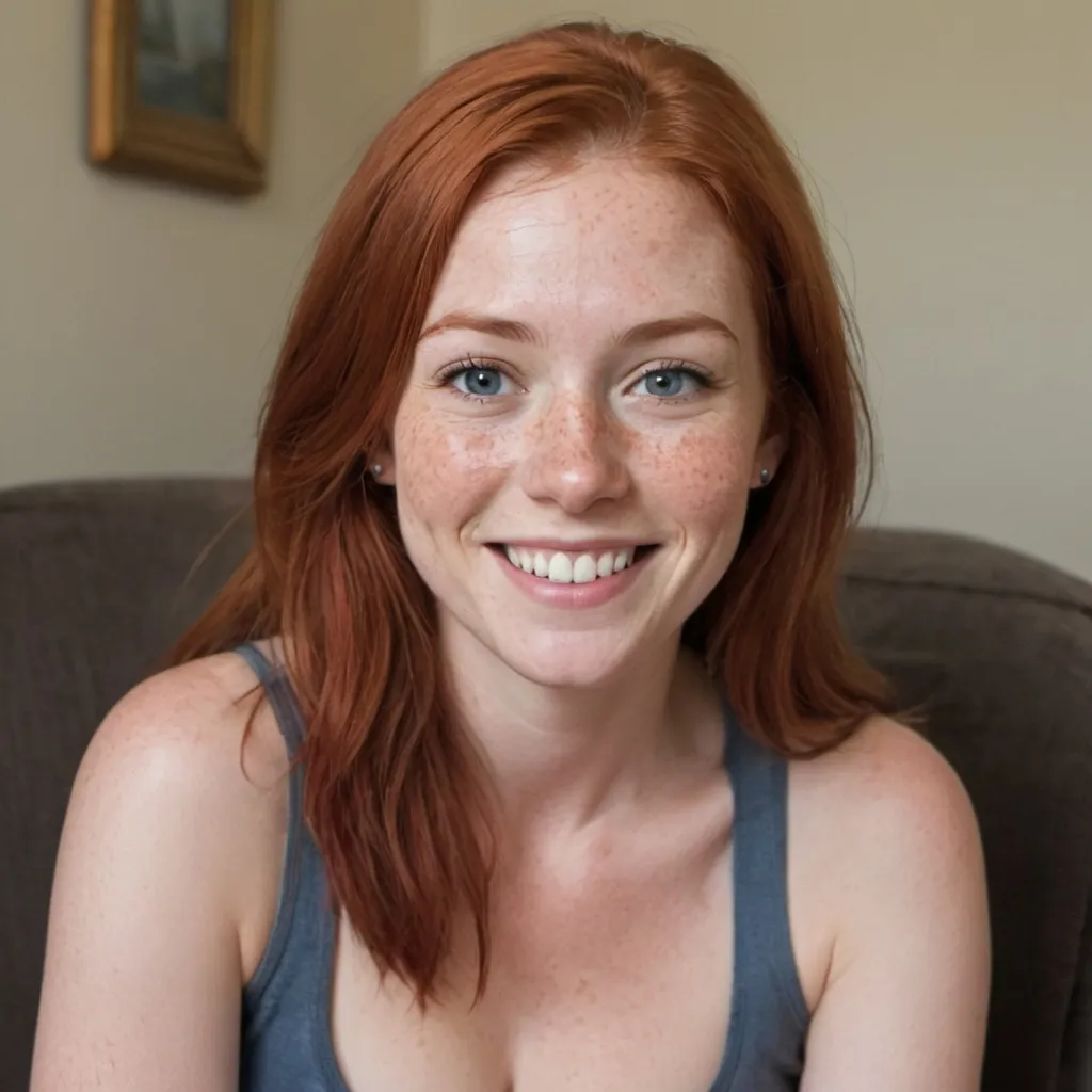 Prompt: A woman, born on 2/14/1989 is facing the camera and smiling. She has red hair that is lightly graying and many freckles on her face. She has a warm smile, and nice but not perfect teeth. Her eyes are an amazing blue. She is 5' 4" tall, 125lbs, and large breasted. She is sitting on a comfy chair in a nice living room. 