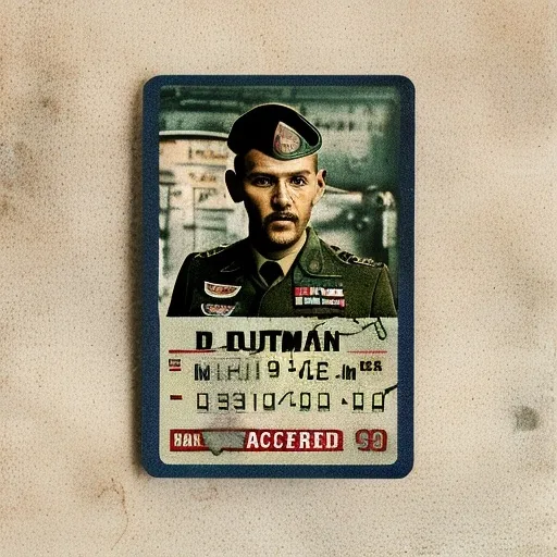 Prompt: (worn down access card), company logo (Platsdarm), (id photo of a military man) in the corner, (octopus watermark), date of (1995), muted colors depicting age and wear, textured background for realism, vintage aesthetic, ultra-detailed, emphasizing the card's weathered appearance and faded colors to evoke nostalgia and history.