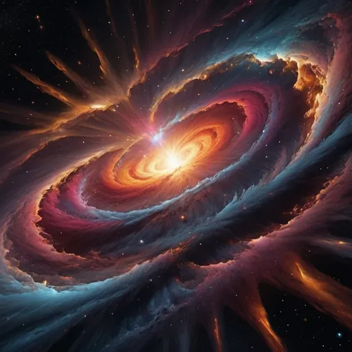 Prompt: (realism style, dark color scheme, (artistic representation) big bang moments, cosmic explosion, swirling gases, fiery colors, stark contrasts, deep space background, (intense energy), stars beginning to form, mesmerizing patterns, profound atmosphere, (hyper-detailed), celestial phenomena, awe-inspiring visual depth, 4K quality)