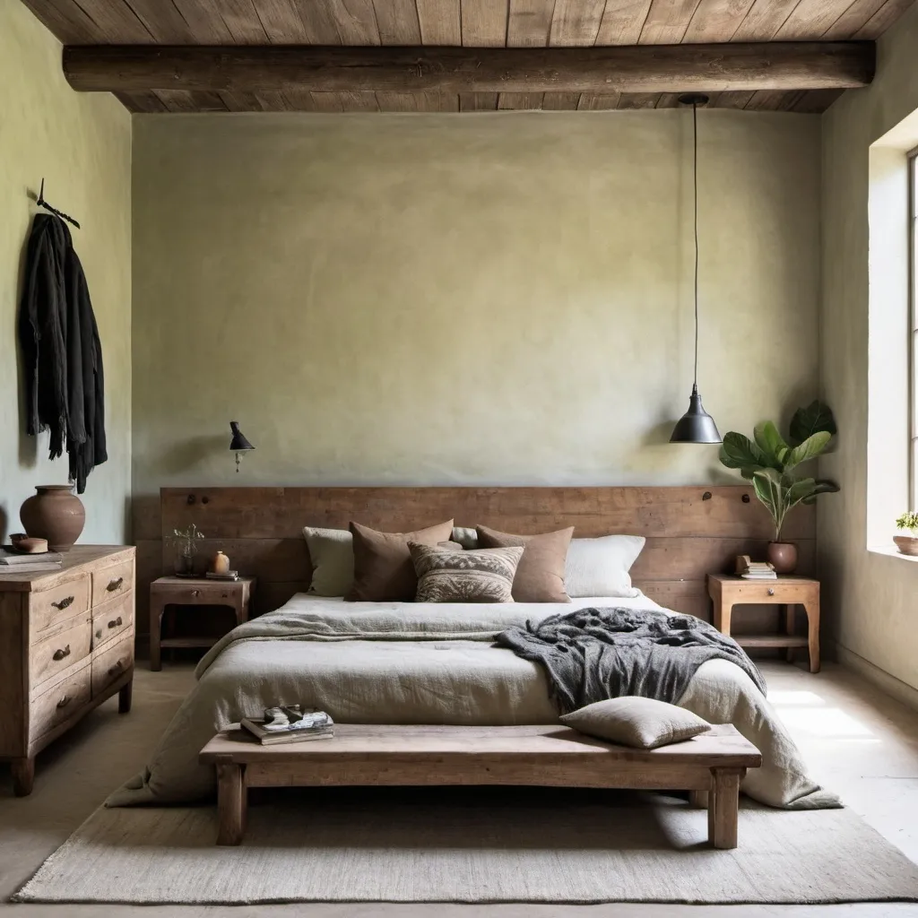 Prompt: An earthy bedroom with a low bed frame and wooden headboard, lime washed walls, and masculine touches.