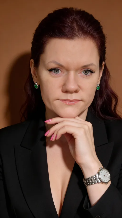 Prompt: This is a photo of a woman with long, wavy, dark red hair, combed to the side. She has fair skin and wears subtle, natural makeup, focusing on her eyes, which are highlighted with dark eyeliner and mascara. She has a small earring in her nose. Her lips are lightly painted with peach-toned gloss. She is wearing a black, tailored jacket with a deep V-neckline, revealing a hint of her collarbone. Her right hand is gently placed under her chin, revealing pink, manicured nails. On her left wrist, she wears a silver wristwatch with a metal band. Her ears are adorned with small, round, diamond-set green earrings. The background is a solid, warm brown color, which contrasts with the black jacket and highlights her features. The photo features soft, professional studio lighting that creates a soft shadow behind her, giving the image depth. The overall style of the photo is elegant and sophisticated, with a focus on minimalism and classic fashion.