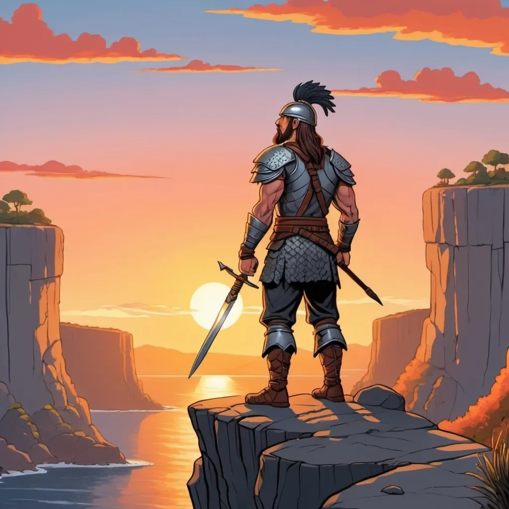 Prompt: Cartoon Book cover of a warrior standing on a cliff looking at the sunset