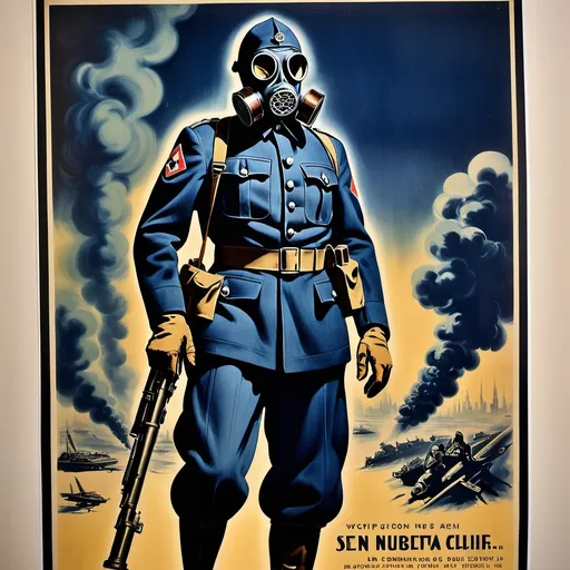 Prompt: 
1940s poster sci fi solider in dark blue uniform with gas mask