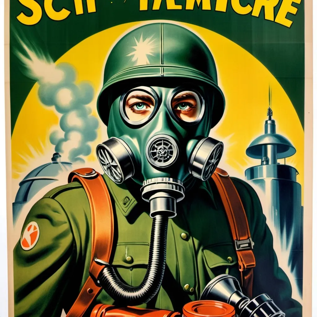 Prompt: 1940s poster sci fi solider with gas mask