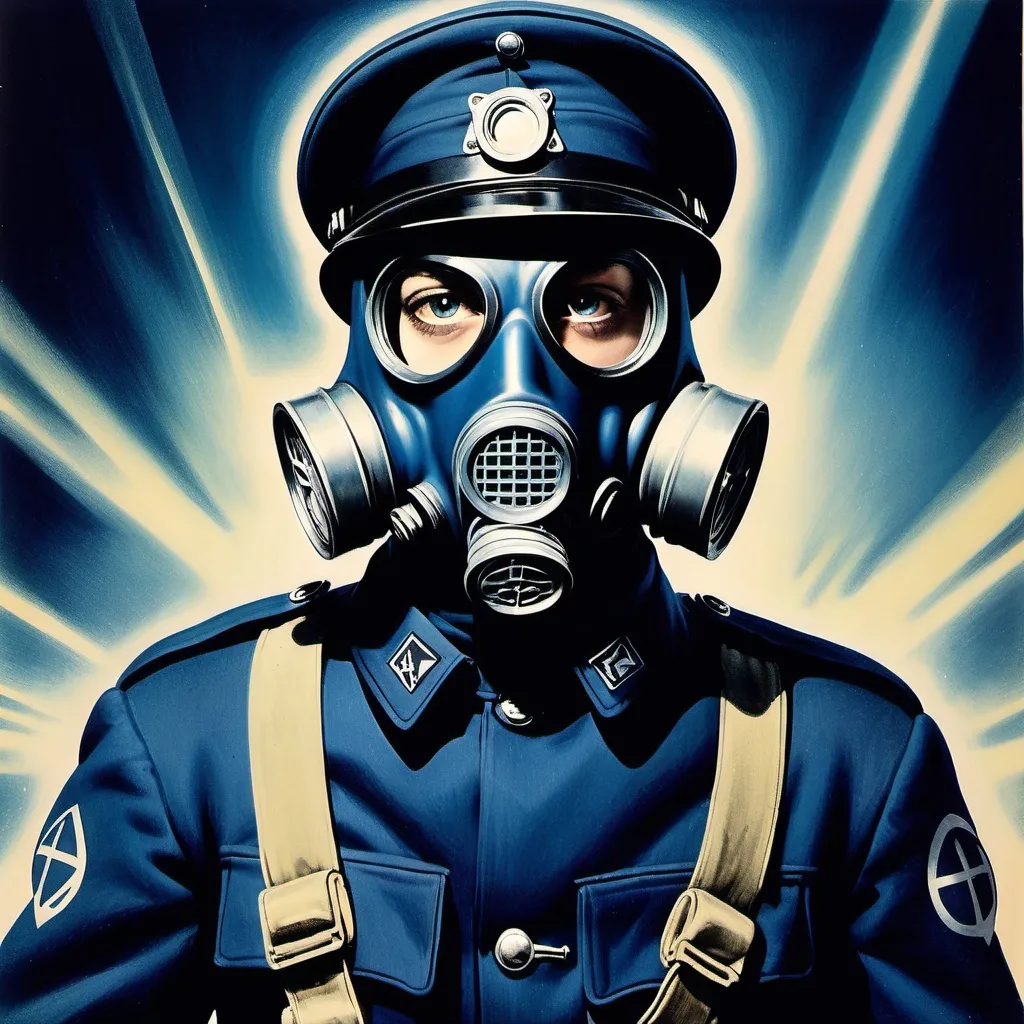 Prompt: 
1940s poster sci fi solider in dark blue uniform with gas mask