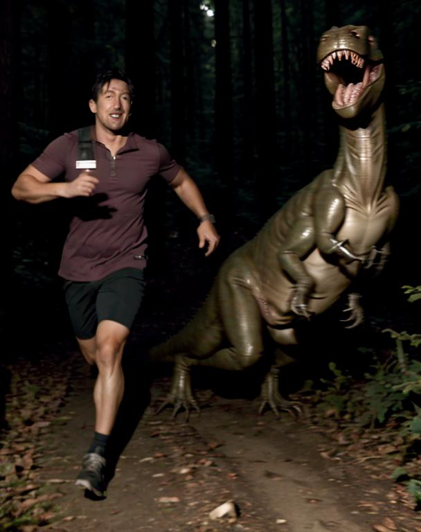 Prompt: real life close up camera photo of markiplier running away from a scary T-Rex in a forest at midnight dramatic horror blurry