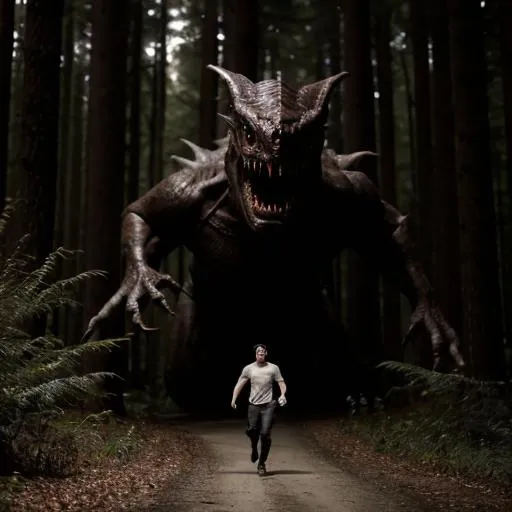 Prompt: realistic camera photo of markiplier being chased by a scary monster in a forest at night dramatic