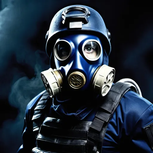 Prompt: 
poster sci fi solider in dark blue uniform with gas mask