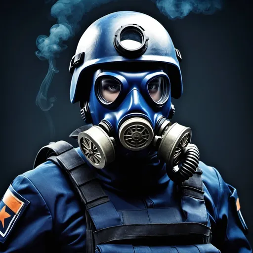 Prompt: 
poster sci fi solider in dark blue uniform with gas mask