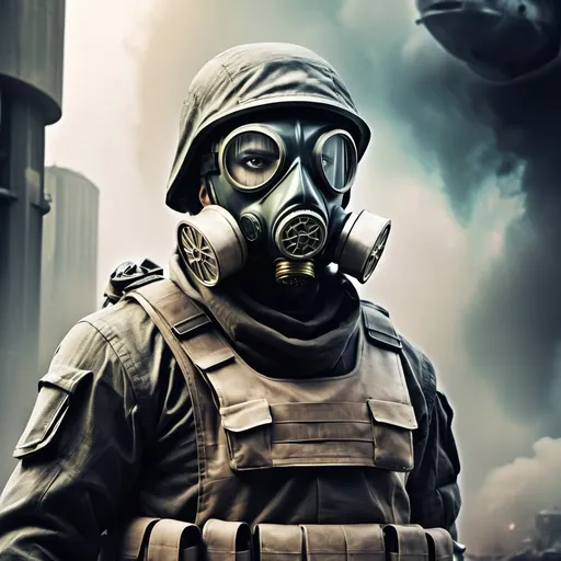 Prompt: 
poster sci fi solider with gas mask