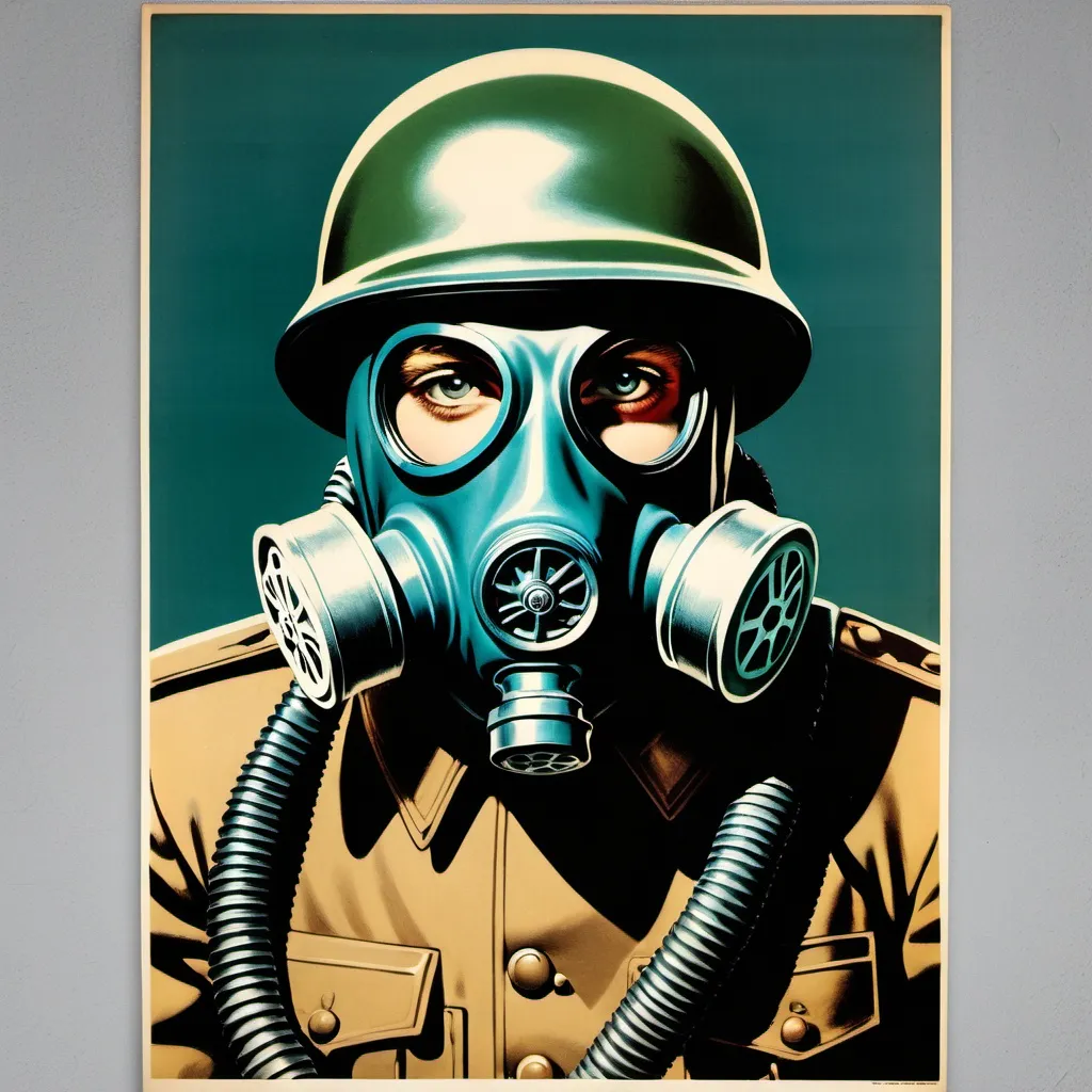 Prompt: 1940s poster sci fi solider with gas mask