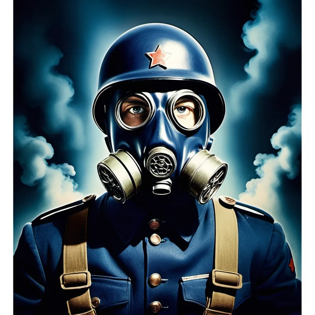 Prompt: 
1940s poster sci fi solider in dark blue uniform with gas mask