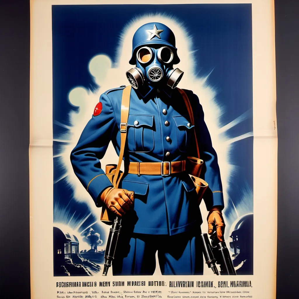 Prompt: 
1940s poster sci fi solider in dark blue uniform with gas mask