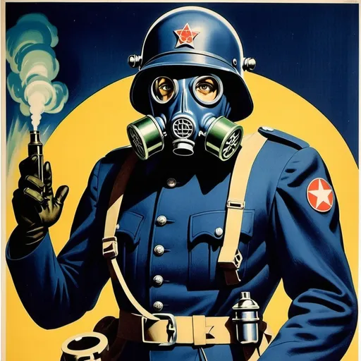 Prompt: 
1940s poster sci fi solider in dark blue uniform with gas mask