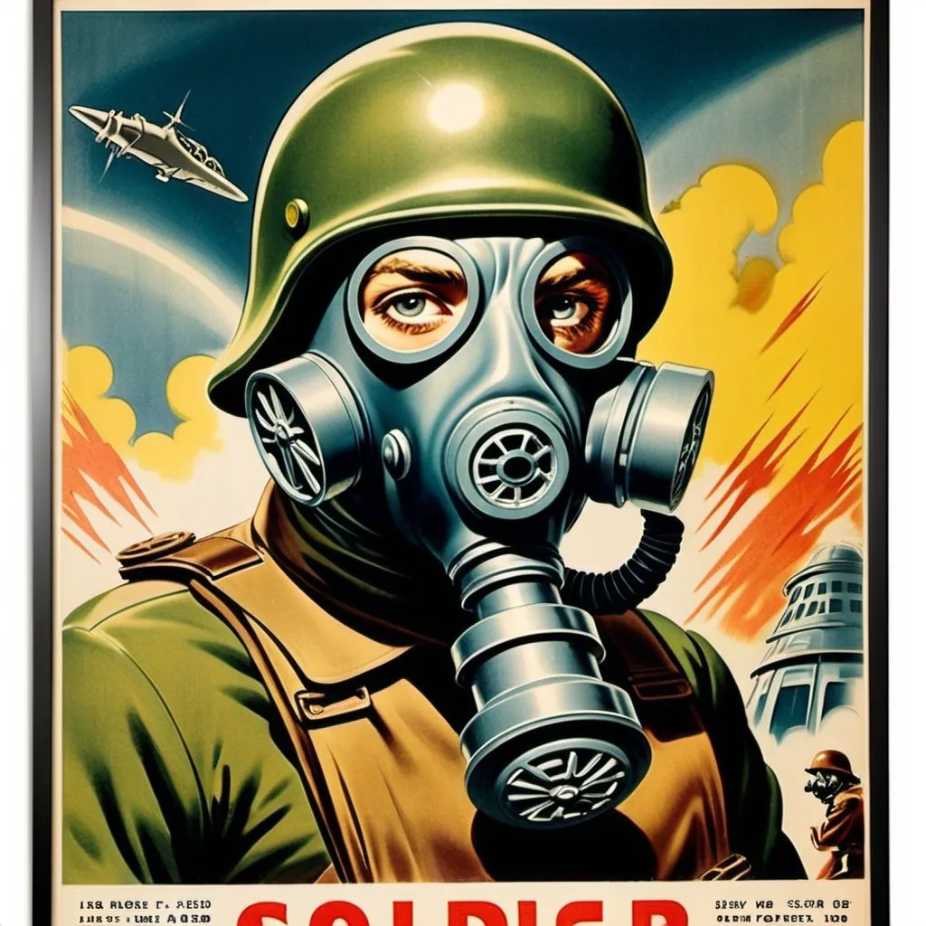 Prompt: 1940s poster sci fi solider with gas mask