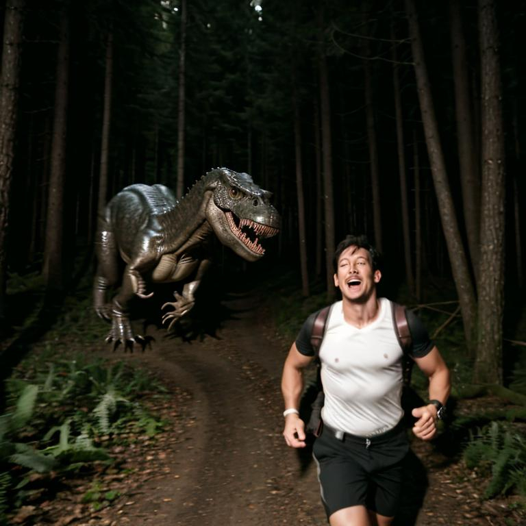 Prompt: real life camera photo of markiplier running away from a scary T-Rex in a forest at night dramatic horror blurry