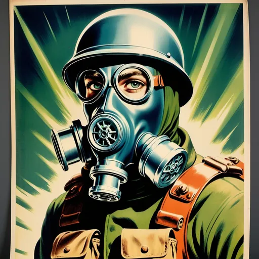 Prompt: 1940s poster sci fi solider with gas mask