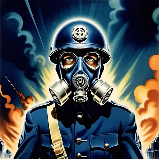 Prompt: 
1940s poster sci fi solider in dark blue uniform with gas mask