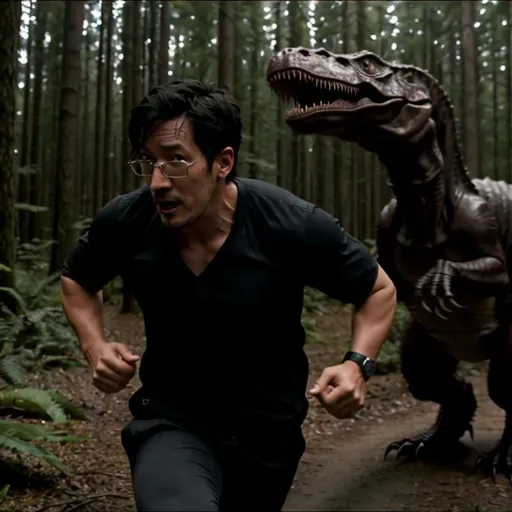 Prompt: real life close up camera photo of markiplier running away from a scary T-Rex in a forest at midnight dramatic horror blurry