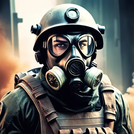 Prompt: 
poster sci fi solider with gas mask