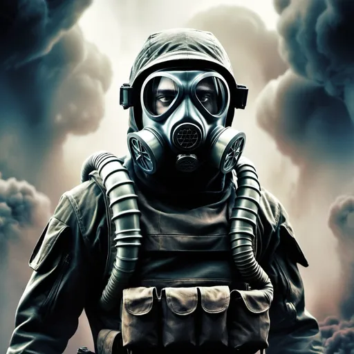 Prompt: 
poster sci fi solider with gas mask