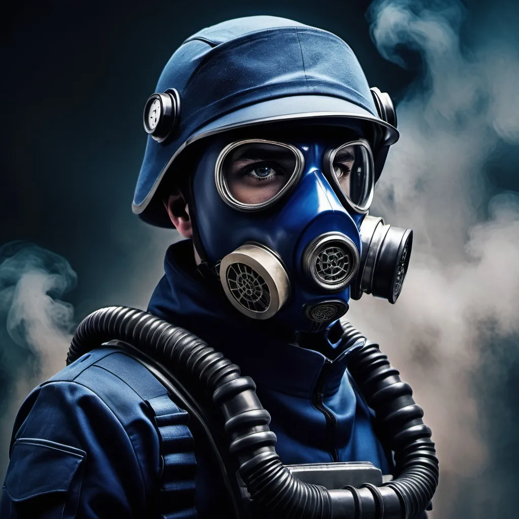 Prompt: 
poster sci fi solider in dark blue uniform with gas mask