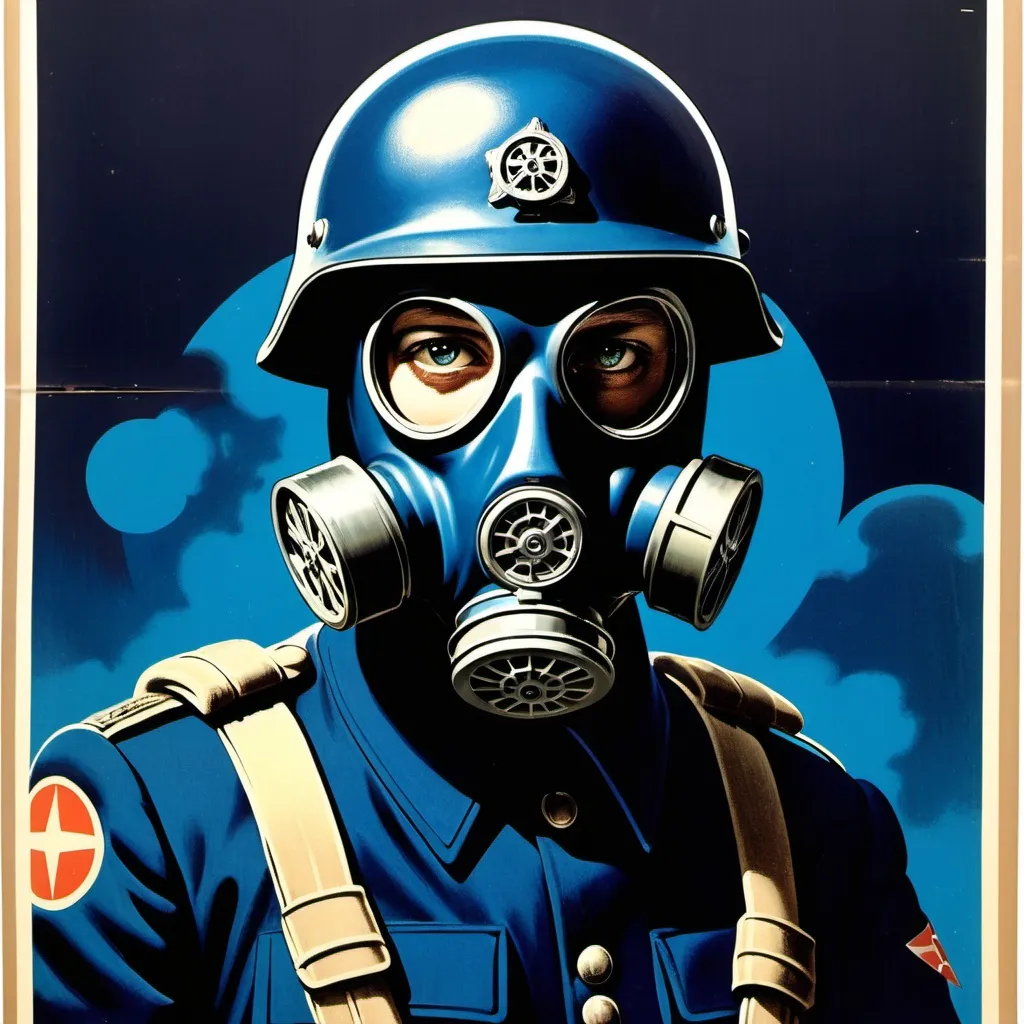 Prompt: 
1940s poster sci fi solider in dark blue uniform with gas mask