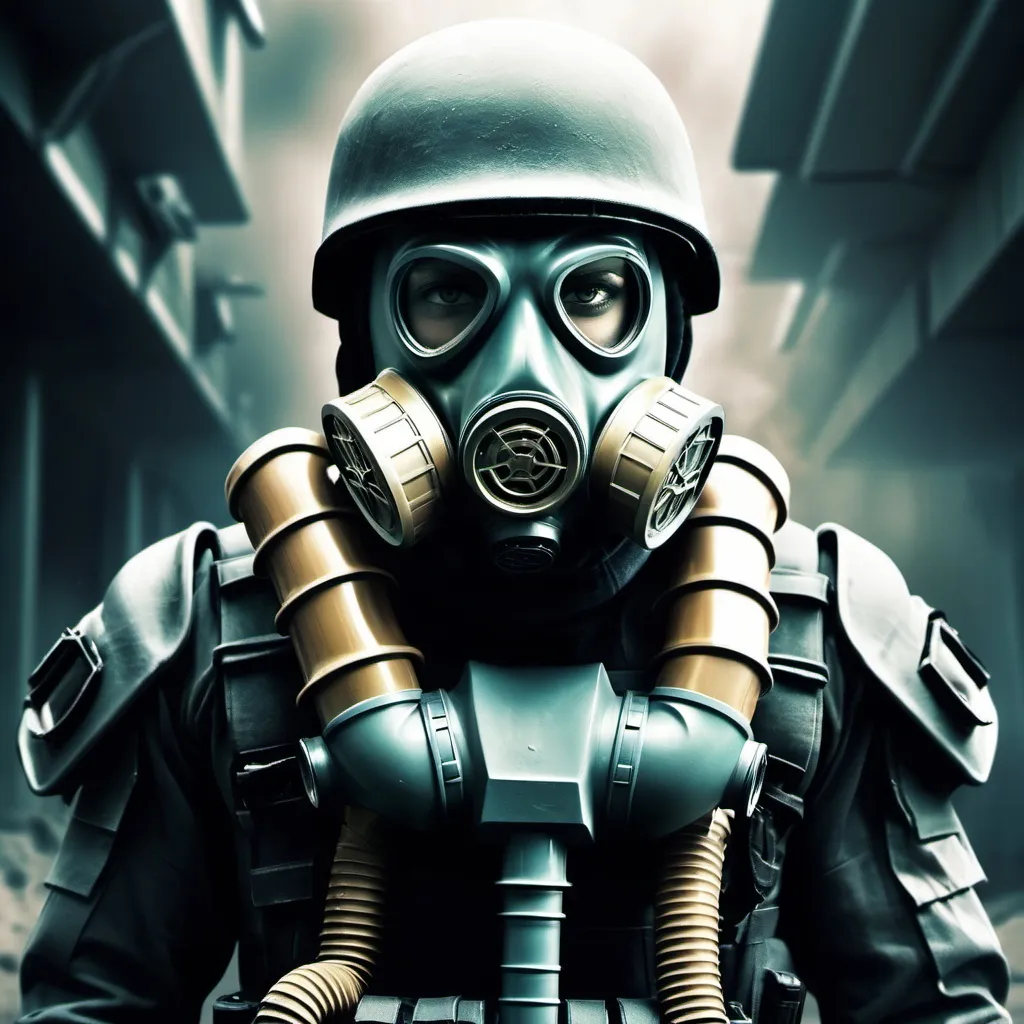 Prompt: 
poster sci fi solider with gas mask