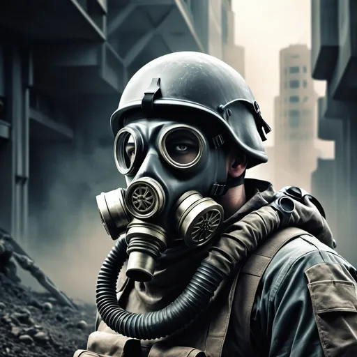 Prompt: 
poster sci fi solider with gas mask