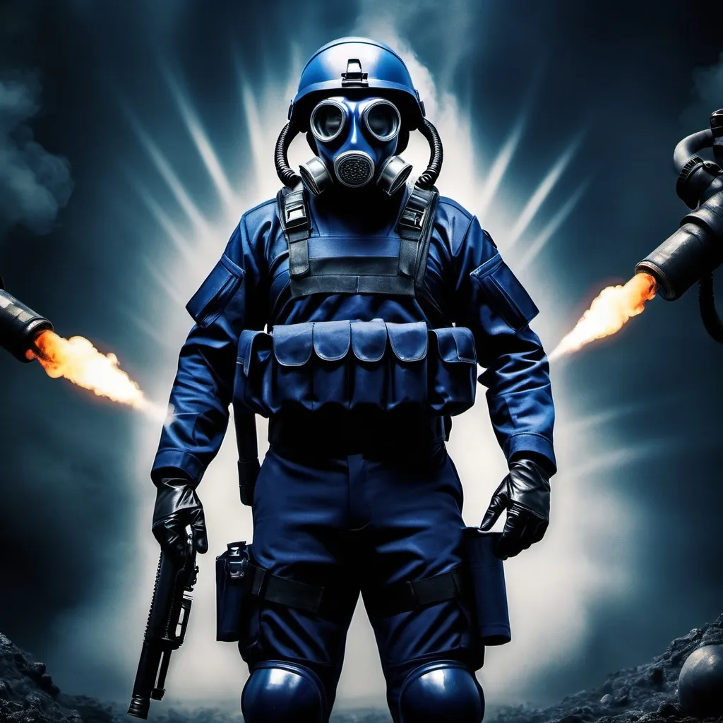 Prompt: 
poster sci fi solider in dark blue uniform with gas mask