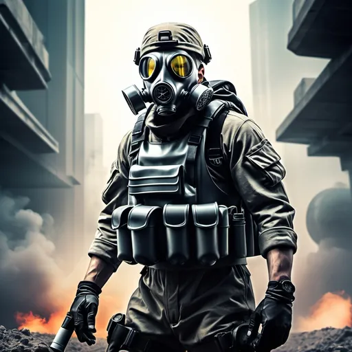 Prompt: 
poster sci fi solider with gas mask