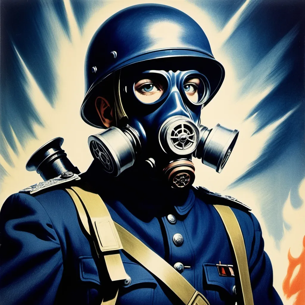 Prompt: 
1940s poster sci fi solider in dark blue uniform with gas mask