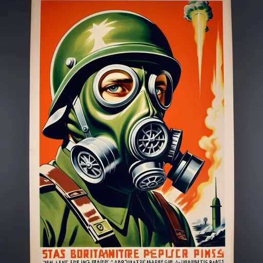 Prompt: 1940s poster sci fi solider with gas mask