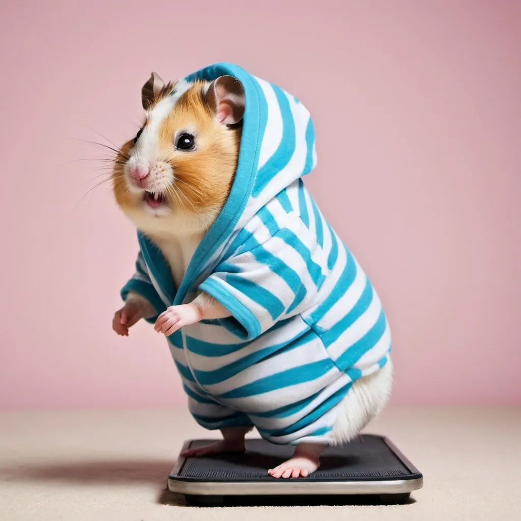 Prompt: a chubby hamster with a sweatband around its head wearing panda pajamas on a treadmill
