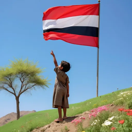 Prompt: "A young child standing on a green hill, gazing at the Yemeni flag flying high in a clear blue sky. The child is reaching their hand towards the sky with a hopeful and aspirational expression. The background features a beautiful natural landscape with colorful trees and flowers, evoking a sense of joy, optimism, and national pride."