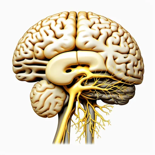 Prompt: sagittal yellowish drawning of brain with the vessels in white bacground
