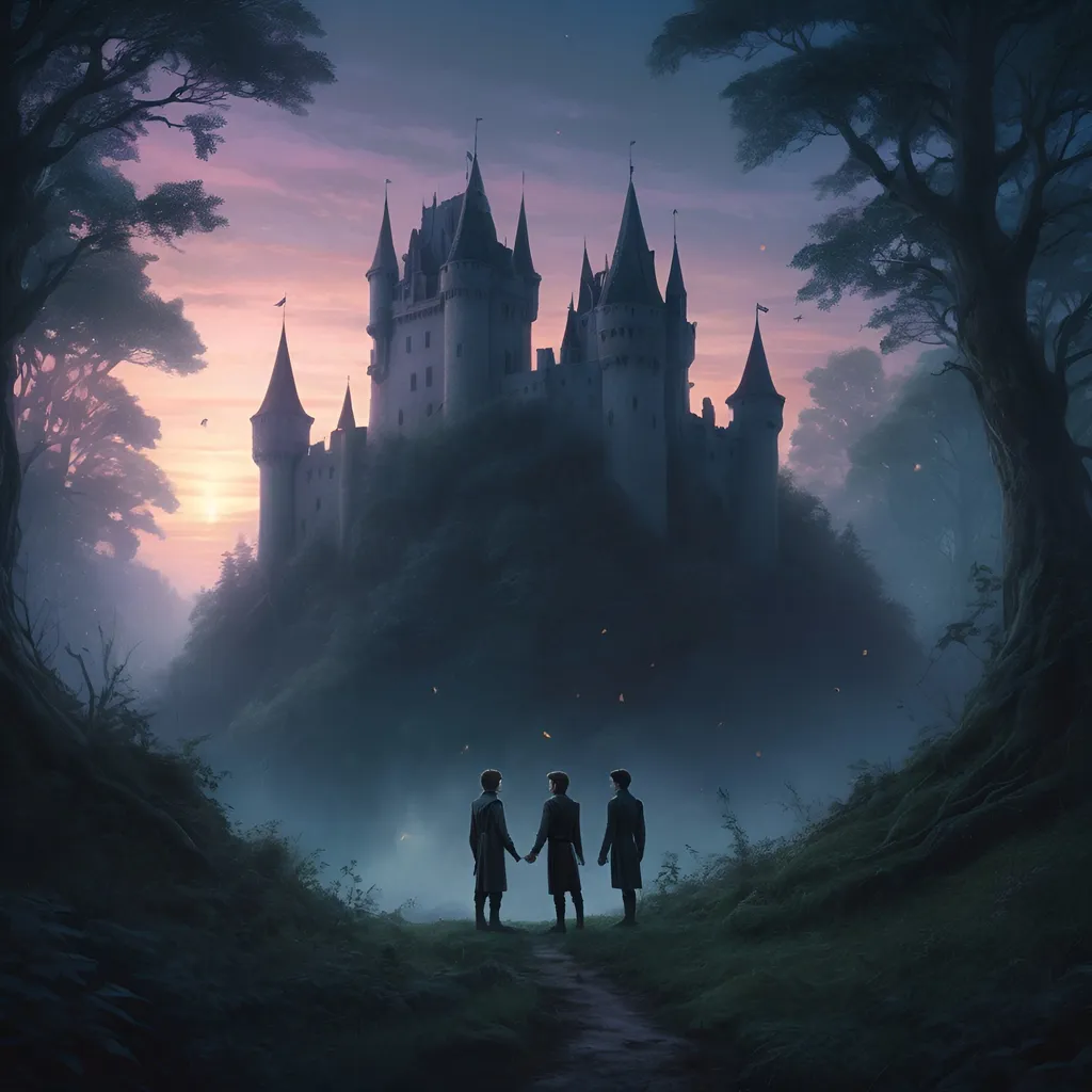 Prompt: Ethereal high-fantasy landscape, dense forest, small castle at twilight, two males in love, one intangible and disappearing, magic, sadness, longing, loneliness, loss and grief, bright, ultra realistic, romantic, magical, intense emotions, fading presence, detailed forest, ethereal lighting, atmospheric twilight, highres, high-fantasy, magical realism, emotional, detailed characters, mystical