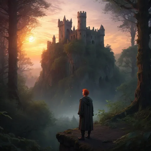 Prompt: Ethereal high-fantasy landscape, dense forest, small  ruined castle at sunrise, one 30 year old red hair, shorthaired male wizard in portrait relief, alone, magic, sadness, longing, loneliness, loss and grief, bright, ultra realistic, romantic, magical, intense emotions, fading presence, detailed forest, ethereal lighting, atmospheric twilight, highres, high-fantasy, magical realism, emotional, detailed characters, mystical, masturbating