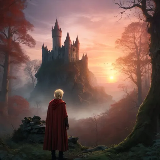 Prompt: Ethereal high-fantasy landscape, dense forest, small  ruined castle at sunrise, one 30 year old blond-red shorthaired male wizard, alone, magic, sadness, longing, loneliness, loss and grief, bright, ultra realistic, romantic, magical, intense emotions, fading presence, detailed forest, ethereal lighting, atmospheric twilight, highres, high-fantasy, magical realism, emotional, detailed characters, mystical