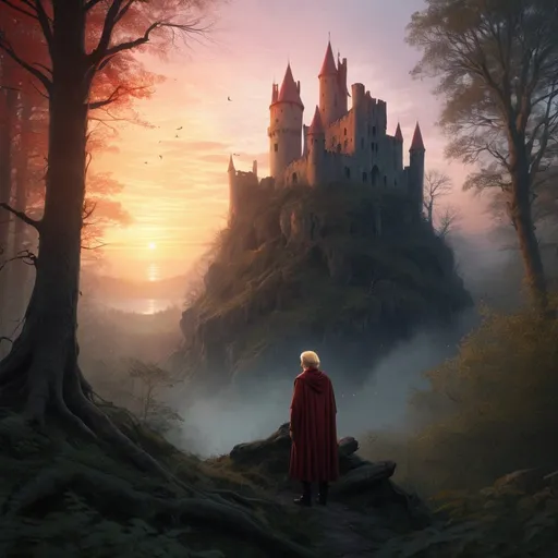 Prompt: Ethereal high-fantasy landscape, dense forest, small  ruined castle at sunrise, one 30 year old blond-red shorthaired male wizard, alone, magic, sadness, longing, loneliness, loss and grief, bright, ultra realistic, romantic, magical, intense emotions, fading presence, detailed forest, ethereal lighting, atmospheric twilight, highres, high-fantasy, magical realism, emotional, detailed characters, mystical