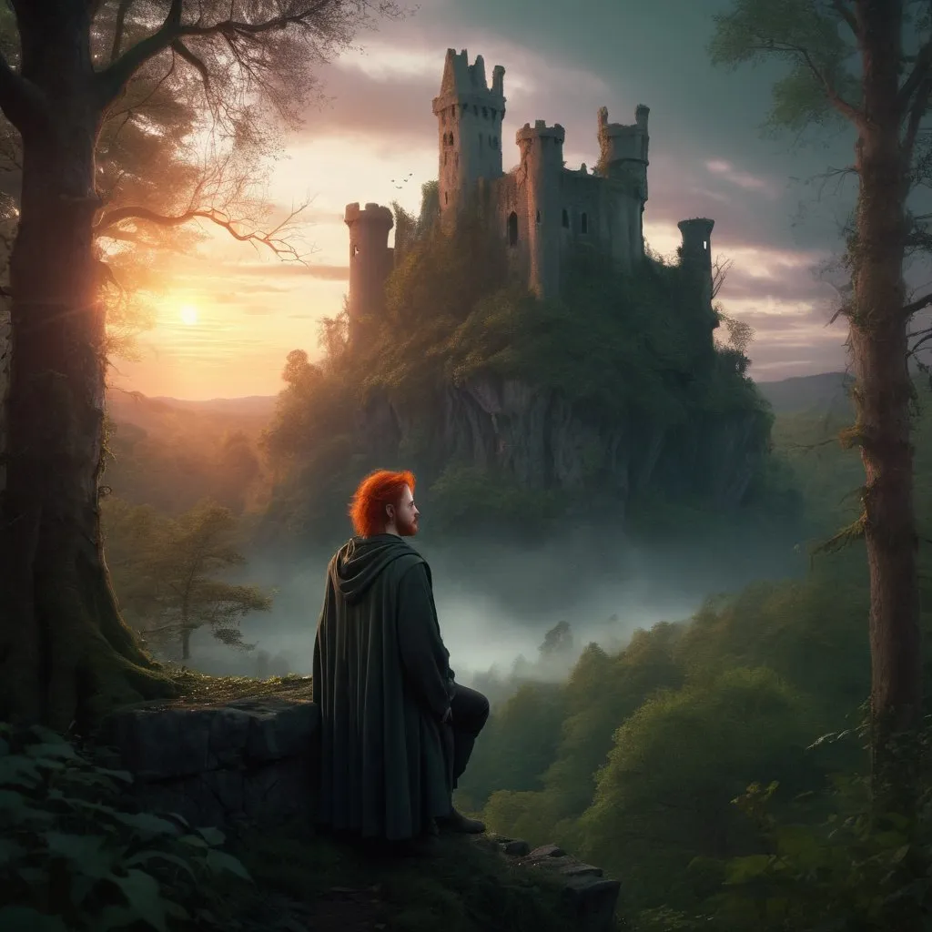 Prompt: Ethereal high-fantasy landscape, dense forest, small  ruined castle at sunrise, one 30 year old red hair, shorthaired male wizard in portrait relief, alone, magic, sadness, longing, loneliness, loss and grief, bright, ultra realistic, romantic, magical, intense emotions, fading presence, detailed forest, ethereal lighting, atmospheric twilight, highres, high-fantasy, magical realism, emotional, detailed characters, mystical, masturbating