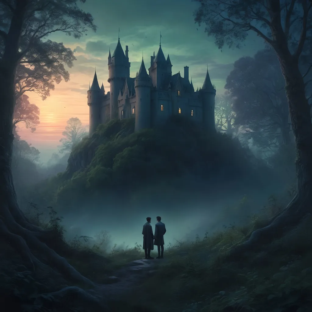 Prompt: Ethereal high-fantasy landscape, dense forest, small castle at twilight, two males in love, one intangible and disappearing, magic, sadness, longing, loneliness, loss and grief, bright, ultra realistic, romantic, magical, intense emotions, fading presence, detailed forest, ethereal lighting, atmospheric twilight, highres, high-fantasy, magical realism, emotional, detailed characters, mystical