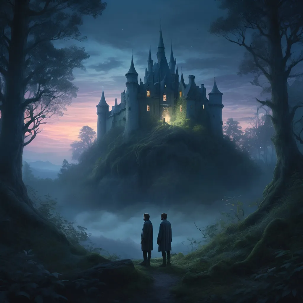 Prompt: Ethereal high-fantasy landscape, dense forest, small castle at twilight, two males in love, one intangible and disappearing, magic, sadness, longing, loneliness, loss and grief, bright, ultra realistic, romantic, magical, intense emotions, fading presence, detailed forest, ethereal lighting, atmospheric twilight, highres, high-fantasy, magical realism, emotional, detailed characters, mystical