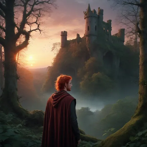 Prompt: Ethereal high-fantasy landscape, dense forest, small  ruined castle at sunrise, one 30 year old red hair, shorthaired male wizard in portrait relief, alone, magic, sadness, longing, loneliness, loss and grief, bright, ultra realistic, romantic, magical, intense emotions, fading presence, detailed forest, ethereal lighting, atmospheric twilight, highres, high-fantasy, magical realism, emotional, detailed characters, mystical, masturbating